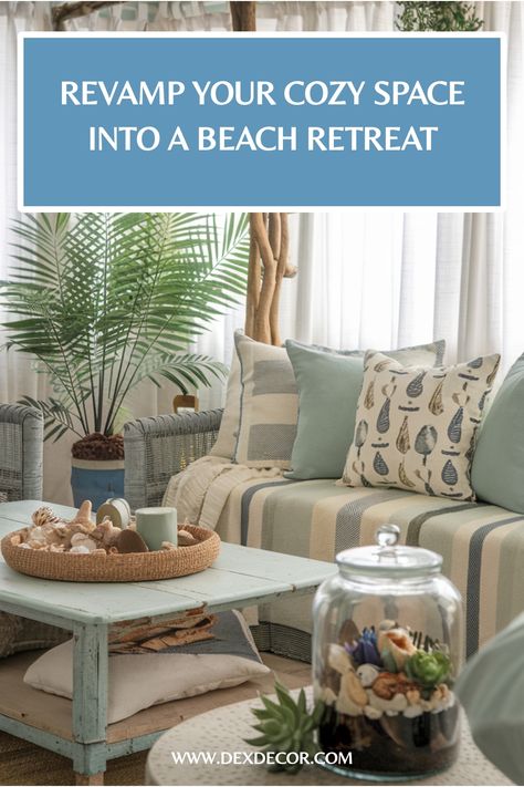 Coastal-themed living room with striped sofa, beach decor, and tropical plants. Beach Living Room Ideas, Beach Themed Living Room, Beach Apartment Decor, Kitchen Flooring Trends, Beachy Living Room, Kitchen Tile Inspiration, Ensuite Bathroom Designs, Industrial Chic Kitchen, Compact Kitchen Design