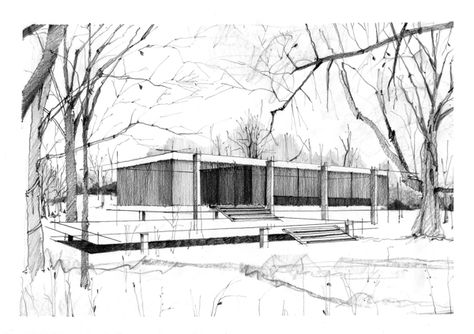 Farnsworth House, Ludwig Mies van der Rohe, Pencil Drawing, Sketches&Illustrations by Patty Piturlea, via Behance Farnsworth House Sketch, Mies Van Der Rohe Farnsworth House, Mies Van Der Rohe Architecture, Archi Sketches, Farnsworth House, Landscape Architecture Drawing, Architecture Portfolio Design, Building Sketch, Architect Drawing