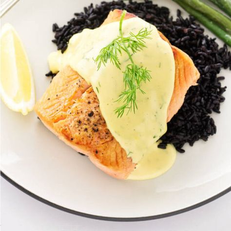 Pan-Seared Salmon with Dill Hollandaise Sauce - Savor the Best Salmon With Hollandaise Sauce, Cooking Black Rice, Salmon With Dill, Hollandaise Recipe, Easy Hollandaise Sauce, Pan Seared Salmon, Seared Salmon, Hollandaise Sauce, Nutrition Labels