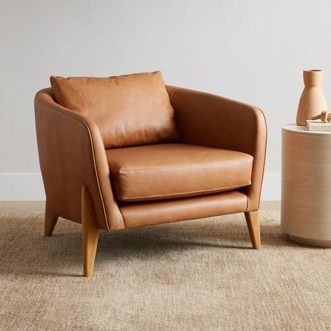 Modern Living Room Chairs | West Elm Leather Chair Living Room, Leather Accent Chair, Leather Lounge Chair, Leather Lounge, Key Details, Oak Finish, Beautiful Bathrooms, Polyurethane Foam, Walnut Finish