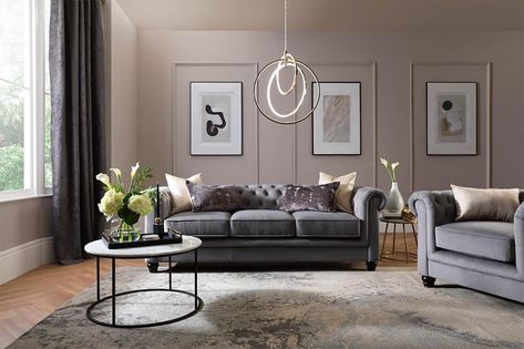 Dark Grey Chesterfield Sofa Living Room, Grey Chenille Sofa Living Room, Grey Chesterfield Sofa Living Room Ideas, Grey Chesterfield Sofa Living Rooms, Mink Living Rooms, Silver Sofa Living Room, Chesterfield Sofa Decor, Chesterfield Sofa Living Room Ideas, Charcoal Sofa Living Room