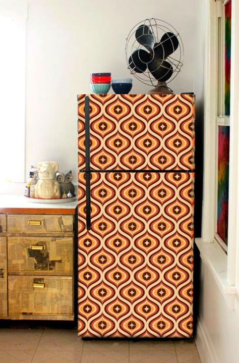 Wood Panel Fridge, Fridge Wrapping Ideas, Wrapped Fridge, Retro Dishwasher, Fridge Wallpaper, Wallpaper Fridge, Wrap Fridge, Dishwasher Wrap, Fridge Decoration