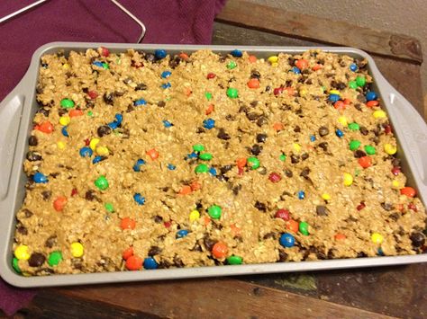 Monster Bars, Monster Cookie Bars Recipe, Monster Bar, Monster Cookie Bars, Monster Cookie, Jelly Roll Pan, Cookie Bar Recipes, Bars Recipe, Candy Bars