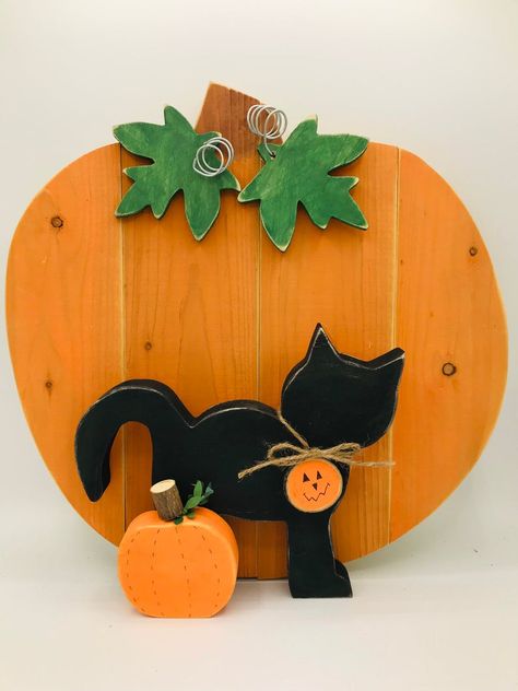 Black Cat Halloween Decor Cat with Pumpkin Halloween Three | Etsy Cat With Pumpkin, Black Cat Decor, Halloween Wood Crafts, Farmhouse Halloween, Cat Halloween Costume, Halloween Crafts Decorations, Halloween Black Cat, Decoration Halloween, Fall Halloween Crafts