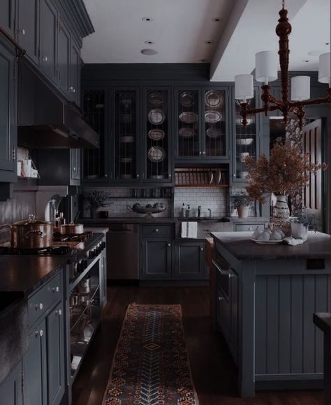 Modern Goth Home, Goth Kitchen, Gothic Kitchen, Kitchen Ideas Dark Cabinets, Kitchen Ideas Dark, Dark House, Dark Home Decor, Dark Kitchen, Goth Home