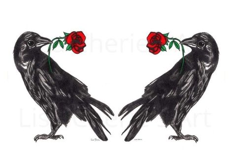 Raven Decor, Animal Nursery Art, Spiritual Animal, Raven Bird, Crow Tattoo, Roses Print, Gothic Design, Gift Flower, Love Wall Art