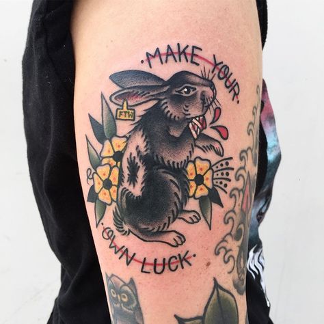 Lucky Rabbit • Make Your Own Luck Tattoo | Tattoo Ideas and Inspiration Traditional Tattoo Rabbit, Michelle Tattoo, Luck Tattoo, Rabbit Tattoo, Bunny Tattoos, Rabbit Tattoos, Sweet Tattoos, Spooky Tattoos, Lucky Rabbit