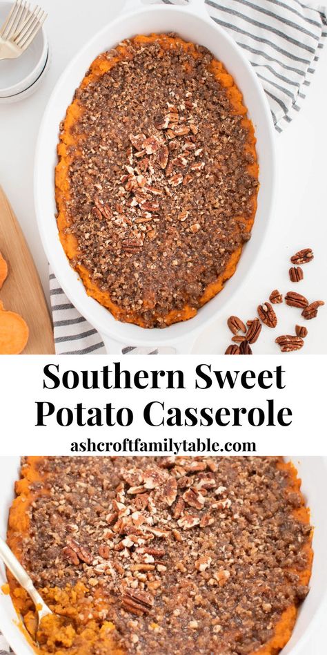 Southern sweet potato casserole with pecan topping served as a fall side dish and dessert for a crowd. Sweet Potato Crunch Casserole, Traditional Thanksgiving Sides, Southern Sweet Potato Casserole, Side Dishes For A Crowd, Dishes For A Crowd, Sweet Potato Crunch, Thanksgiving Dinner Sides, Easy Thanksgiving Dinner, Sweet Potato Pecan