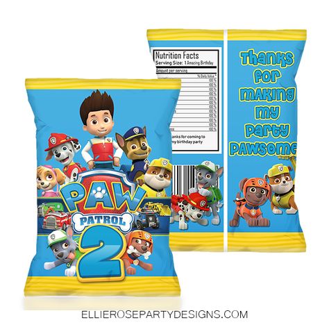 Paw Patrol Party Ideas | Ellierosepartydesigns.com Paw Patrol Chip Bags, Paw Patrol Photo Props, Paw Patrol Names, Paw Patrol Favors, Paw Patrol Birthday Party Ideas, Paw Patrol Party Favors, Paw Patrol Birthday Decorations, Paw Patrol Printables, Paw Patrol Cupcakes