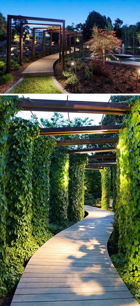 Wood Pathway, Modern Garden Landscaping, Modern Garden Lighting, Trees For Front Yard, Cheap Landscaping Ideas, Walkway Design, Pergola Lighting, Garden Walkway, Modern Garden Design