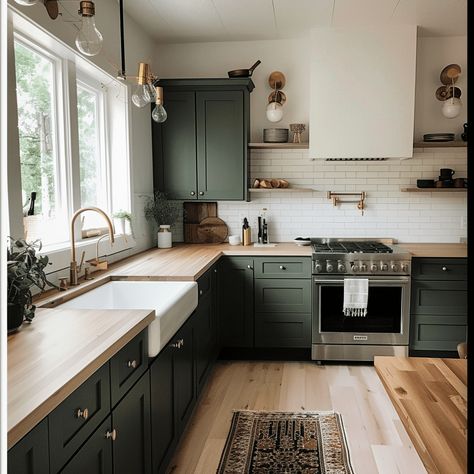 Countertops With Green Cabinets, Green Cabinets With Butcher Block, Hex Tiles Kitchen, Sage Green Kitchen Cabinets, Butcher Block Countertops Kitchen, Wooden Countertops Kitchen, Kitchen Butcher Block, Mediterranean Kitchen Design, Block Countertops