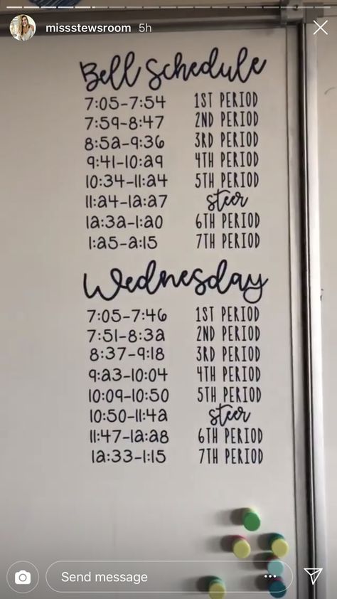 Vinyl bell schedule Jr High Classroom Decor Middle School, Bell Schedule Display, Classroom Schedule Display Middle School, Fun High School Classroom Decor, High School Science Room Decor Classroom Ideas, Classroom Themes Highschool, White Board Schedule Ideas Classroom, Teacher White Board Ideas High Schools, Cute High School Classroom Ideas