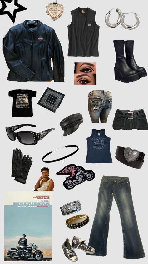 the bikeriders outfit ootd biker girl movie inspo vintage leather black grunge #thebikeriders #outfitinspo #ootd Harley Biker Costume, Biker Fit Women, Outfits Biker, Biker Halloween Costume Women, Biker Girl Outfits Aesthetic, Biker Girl Costume Halloween, Biker Outfit Spirt Week, Biker Aesthetic Outfits, Biker Girl Aesthetic Outfits