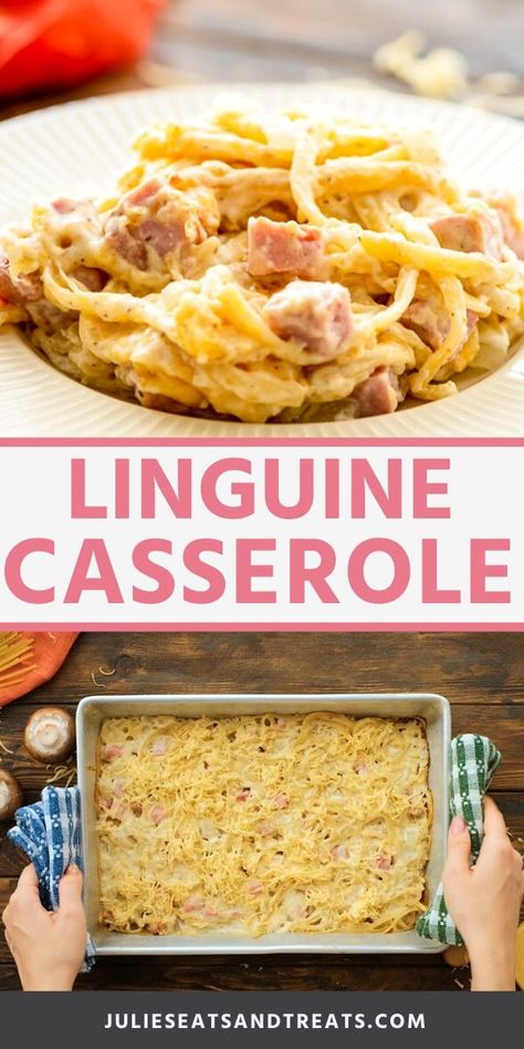 Linguine Casserole is an easy family friendly casserole recipe that everyone will love for a quick and easy weeknight meal. Linguine pasta tossed with a creamy cheese sauce and diced ham. Pair it with a side salad or roasted vegetables for an entire meal. #linguine #casserole Ham Leftovers, Creamy Cheese Sauce, Leftover Recipes, Pasta Meals, Easy Foods, Mac Salad, Leftover Ham Recipes, Linguine Pasta, Hot Dish