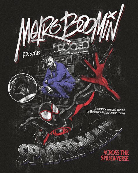 Metro Boomin - Across the Spider-Verse on Behance Across The Spiderverse Stills, Miles Morales Graphic Design, Spider Man Graphic Design, Spiderman Across The Spider Verse Poster, Marvel Graphic Design, Spider Man Across The Spider Verse Art, Metro Boomin Aesthetic, Spider Verse Aesthetic, Metro Boomin Poster