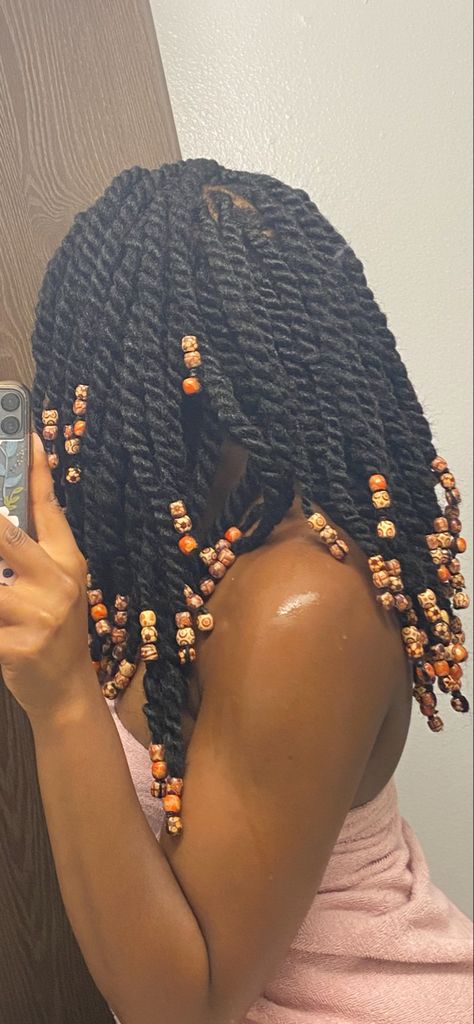 Jumbo Twist With Beads, Spring Twists With Beads, Beads In Twists, Rope Twist With Beads, Twists With Beads Black Women, Beaded Twist Hairstyles, Twist Braids Hairstyles With Beads, Jumbo Twists With Beads, Long Twists With Beads