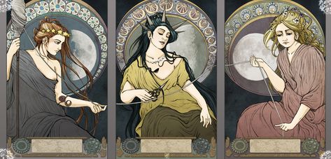 In Greek mythology, the Moirae are the three sisters who decide mortal fate. They are the daughters of Themis, the Greek goddess of justice, and Archon, the head god of the Atlantean pantheon, and the half sisters of Apostolos. Lachesis sings of the things that were, Clotho those that are, and Atropos the things that are to be. Of the three, Atropos is the smallest in stature, but the most terrible and feared. 3 Fates Painting, 3 Fates, Greek Creatures, Greek Underworld, Fate Tattoo, Wrath Of The Titans, Zeus Lightning, Goddess Of Justice, Roman Gods