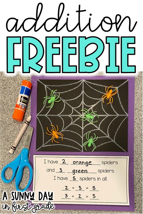 Spider Math Activities For Kindergarten, October Craft First Grade, October First Grade Crafts, Halloween Addition Kindergarten, Halloween Math 1st Grade, Halloween Subtraction 1st Grade, Halloween Craftivity First Grade, Fall Addition Craft, Halloween Math Craft First Grade