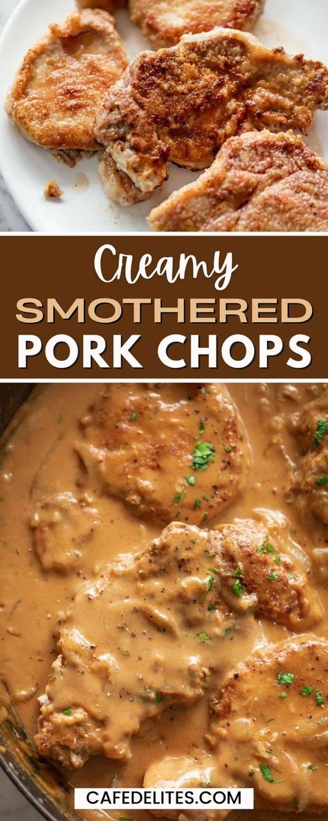 Creamy Smothered Pork Chops, Pork Chops With Gravy, Pasta Food Recipes, Smothered Pork Chops Recipe, Recipes Chili, Pan Fried Pork Chops, Cake Pizza, Pork Chops And Gravy, Pork Chops And Potatoes