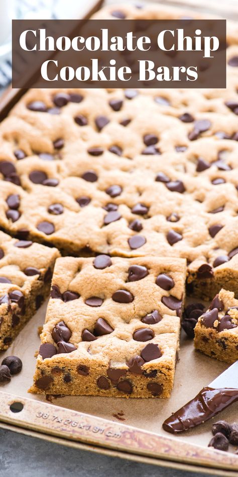 chocolate chip cookie bars pin with text overlay 9 X 13 Chocolate Chip Cookie Bars, Easy Chocolate Chip Bars 9x13, Chocolate Chip Pan Chewies, Chocolate Chip Cookies Bars 9x13, Chocolate Chip Pan Cookies Bar Recipes, Pan Cookies Chocolate Chip, 9x13 Bar Recipes, Chocolate Chip Bars 9x13 Recipe, Chocolate Cookie Bars Recipe