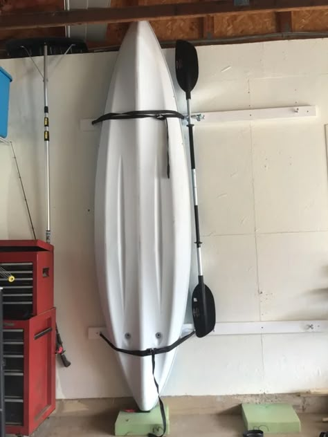 This Is a Super Easy and Super Quick Way to Vertically Store Your Kayak : 3 Steps (with Pictures) - Instructables How To Store Kayaks, Hanging Kayaks In Garage, Garage Kayak Storage, Vertical Kayak Storage, Kayak Garage Storage, Diy Kayak Rack, Diy Kayak Storage Rack, Kayak Storage Ideas, Diy Kayak Storage