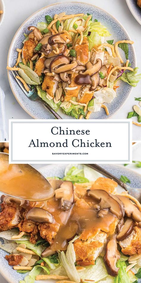 Chinese Almond Chicken, aka Detroit Almond Chicken, ABC Chicken or Almond Boneless Chicken, is a dish with fried chicken and mushroom gravy served over iceberg lettuce. Almond Chicken Gravy Recipe, Chicken And Mushroom Gravy, Almond Chicken Chinese Recipe, Chinese Almond Chicken, Almond Boneless Chicken Recipe, Abc Chicken, Almond Boneless Chicken, Chinese Food Restaurant, Great Chicken Recipes