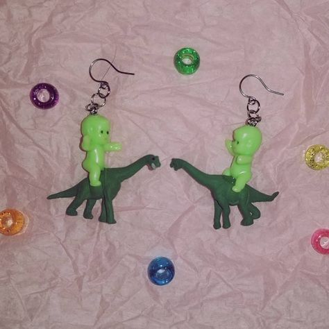 little babies in little dinos :) light and sturdy Hooks are silver unless you specify otherwise in notes!! Weird Jewelry, Plastic Babies, Saint Peter, Baby Dino, Funky Earrings, Icarly, Funky Jewelry, Green Baby, Fun Earrings