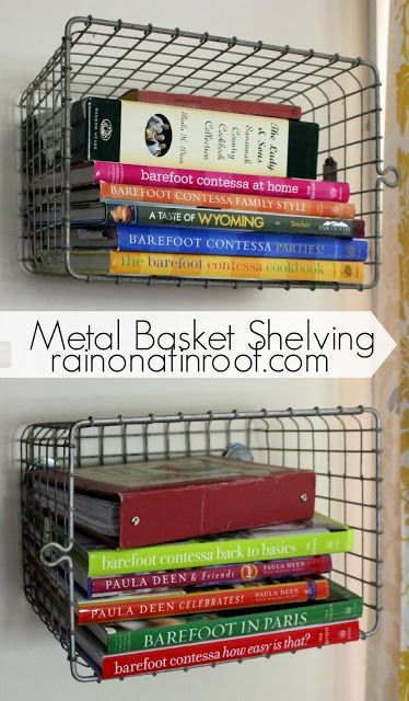 Just use screws and washers to attach to   wall. DIY Metal Basket Shelving {rainonatinroof.com} Thrifty Diy, Metal Basket, Metal Baskets, Book Organization, Book Storage, Diy Metal, Smart Storage, Storage Hacks, Wire Baskets