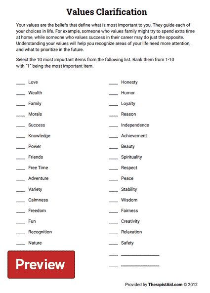 Values Clarification (Worksheet) | Therapist Aid Acceptance And Commitment Therapy Values, Exploring Values Worksheet, Value Clarification Activities, Values Clarification Worksheet, Acceptance And Commitment Therapy Worksheets, Lgbtq Therapy, Values Exploration, Values Activity, Values Activities