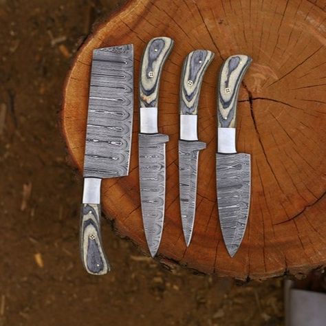 Custom Handmade Damascus steel chef knife set of 4 pieces with Pakk wood handle, Kitchen knife set , Dimensions: Overall Length: ( 11.5", 11", 10", 8.5") Blade Length: ( 7", 6.5", 5.75", 4.5") Handle Length: (4.5", 4.5", 4.25", 4") Blade Width: ( 1.25", 2.5", 1.5", 1.25") Blade Material = (1095 ,15N20 ) Damascus Steel Handle Material: Wood, steel bolster and Mosaic Pin DM or Contact Below Details for Further Information: info@elegant-blades.com Whats Ap : +447466553242 #chefset #handmade #ha... Steak Knives Handmade, Steak Knives Set, Dual Machetes, Damascus Knife Set, Damascus Kitchen Knives Set, Kitchen Knife Set, Chef Knife Set, Knife Set Kitchen, Kitchen Knife