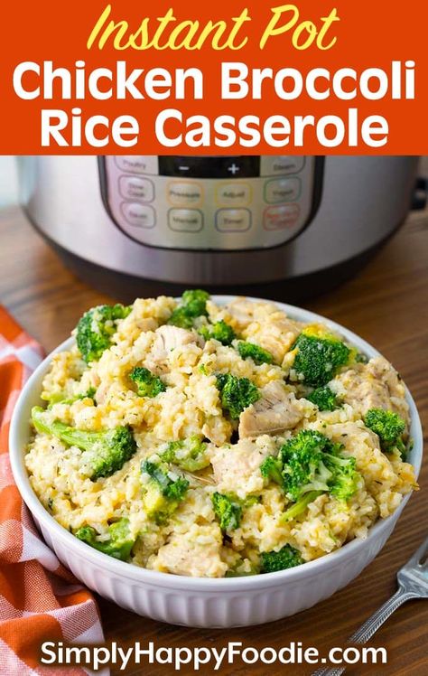 Instant Pot Chicken Broccoli Rice Casserole is a delicious one pot comfort food meal. It's easy to make this yummy pressure cooker Chicken Broccoli Rice Casserole. simplyhappyfoodie.com #instantpochickenrecipes Instant Pot Chicken Broccoli Rice, Simply Happy Foodie, Chicken Broccoli Rice Casserole, Chicken Broccoli Rice, Broccoli Rice Casserole, Pressure Cooker Chicken, Best Instant Pot Recipe, Broccoli Rice, Instant Pot Recipes Chicken