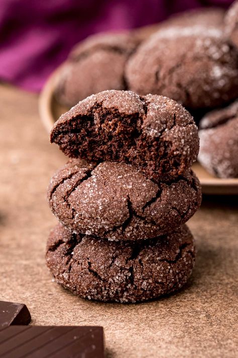 Soft Chocolate Sugar Cookies are loaded with chocolate flavor by using bittersweet chocolate, espresso powder, and cocoa powder! They're then rolled in granulated sugar for a deliciously sweet finish to the tender cookies! Chocolate Sugar Cookie Recipe, Soft Chocolate Cookie, Cocoa Powder Cookies, Butter Sugar Cookies, Chocolate Sugar Cookies, Cocoa Cookies, Chocolate Espresso, Espresso Powder, Chocolate Cookie Recipes