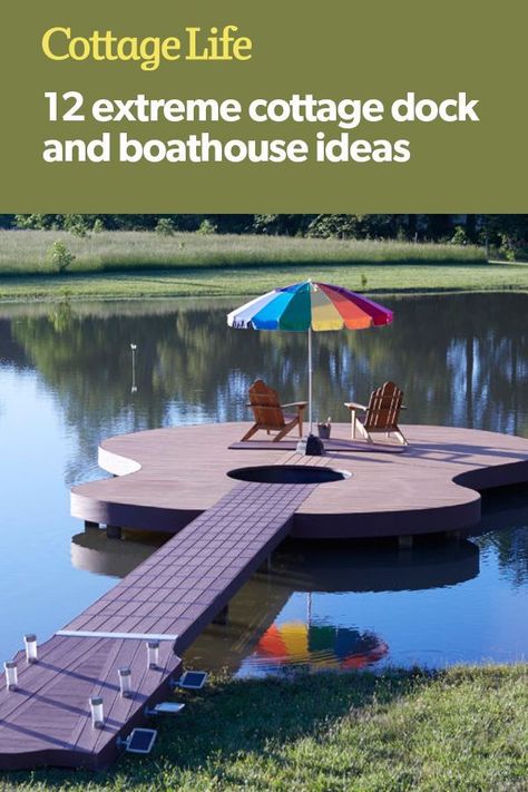 Lake Ideas Outdoor, Floating Dock Ideas Lakeside, Boat Dock Decorating Ideas Lakes, Floating Docks For Lake, Boat Dock Bar Ideas, Boat Docks Lake Ideas, Small Lake Dock, River Dock Ideas, Garden Lake Ideas