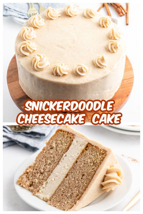 Cheesecake And Cake Recipes, Cheesecake Flavored Cake, Two Layer Cake Recipes, Cake And Cheesecake Layered Cake, Snickerdoodle Cookie Cake Recipe, Cake With Cheesecake Layer, Snickerdoodle Cake Recipe, Cheesecake Birthday Cake, Cheesecake Layer Cake