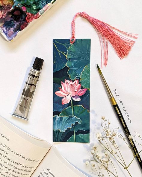 Lotus Bookmark, Sketchbook Acrylic, Bookmark Diy, Gouache Illustration, Handmade Bookmarks Diy, Whimsical Art Journal, Flower Sketch, Travel Art Journal, Art Tutorials Watercolor