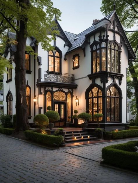 Gothic House Exterior, Modern Victorian Homes, Victorian Homes Exterior, Property Ideas, Modern Gothic, Sims Ideas, Character Sheets, Tuscan House, Gothic Architecture