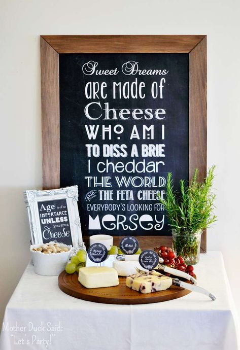 40th Birthday Party Ideas | Photo 2 of 35 | Catch My Party Cheese Party Ideas, Wine Party Ideas, Wine Cheese Party, Cheese And Wine Party, Cheese Table, Tapas Party, 40th Birthday Ideas, Vintage Chalkboard, Wine And Cheese Party