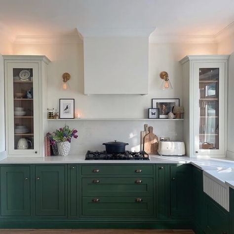 Green Shaker Style Kitchen, Green Kitchen Shaker Cabinets, Green And White Shaker Kitchen, Green Kitchen Two Tone, Two Tone Kitchen Cabinets 2023, Shaker Kitchen Two Tone, Green And White Two Tone Kitchen, Millie Turner Designs, Green Two Tone Kitchen