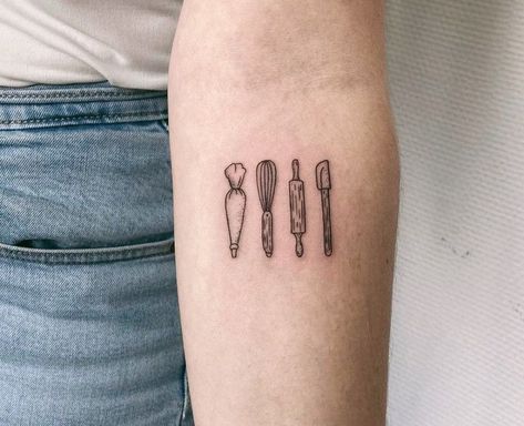 Cooking Tatoos Tattoo Designs, Bake Tattoos, Small Dessert Tattoo, Chef Tattoo Ideas For Women, Cute Baking Tattoos, Tattoo Ideas For Bakers, Baking Inspired Tattoos, Small Cooking Tattoo, Chef Tattoos For Women