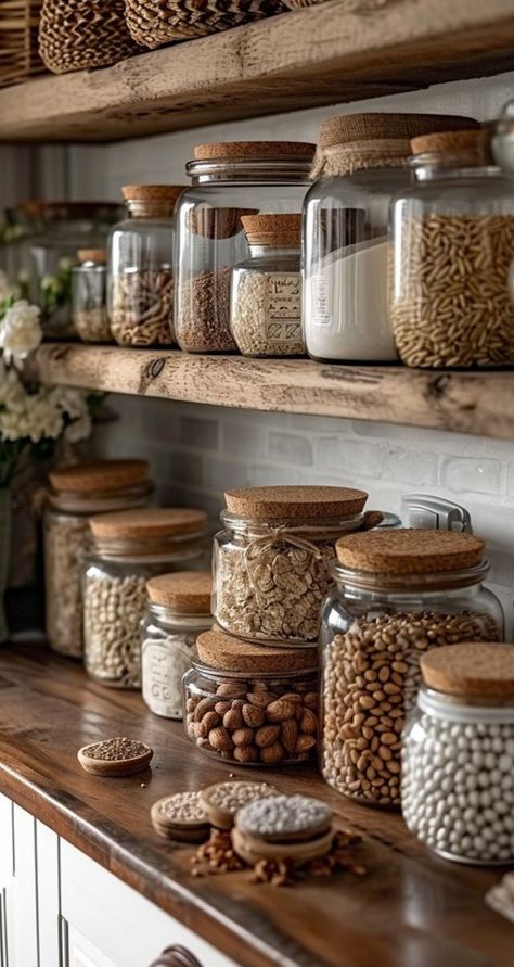 Pantry Cottagecore, Cottagecore Pantry Aesthetic, Herbs In Jars Aesthetic, Storage Jars Kitchen, Kitchen Shelf Decor Ideas, Cottagecore Aesthetic Kitchen Fairy, Organized Pantry Asthetic, Kitchen Pantry Ideas, Shelf Decor Ideas