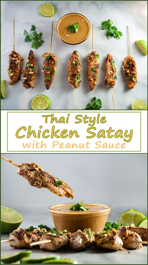 Thai Chicken Satay Skewers with Curry Peanut Dipping Sauce from www.SeasonedSprinkles.com Peanut Butter Dipping Sauce, Quick Party Appetizers, Chicken Satay With Peanut Sauce, Satay Skewers, Thai Chicken Satay, Chicken Satay Skewers, Chicken Satay Recipe, Easy Peanut Sauce, Satay Recipe