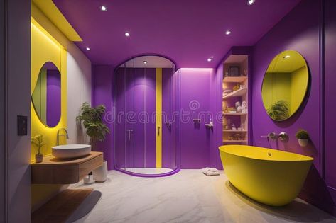 Interior of modern bathroom with purple and yellow walls, tiled floor, comfortable bathtub and mirror. generative ai stock image Violet Bathroom, Comfortable Bathtub, Yellow Wall Tiles, Tiled Floor, Purple Bathrooms, Yellow Bathrooms, Yellow Walls, Purple And Yellow, Modern Bathroom