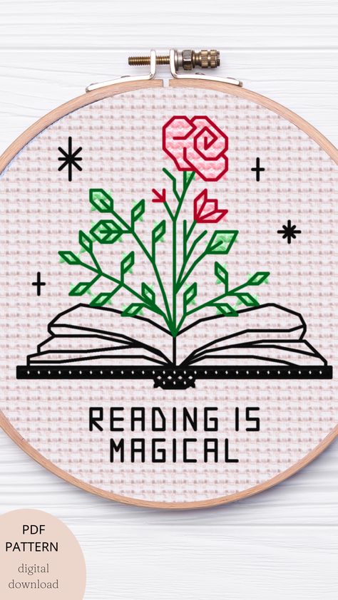 Digital cross stitch pattern featuring open book in black with red rose growing out of it with green leaves Worm Cross Stitch, Bookshelf Cross Stitch, Reading Cross Stitch, Book Cross Stitch Pattern, Book Cross Stitch, Subversive Cross Stitches, Nerdy Jewelry, Love Cross Stitch, Granny Style