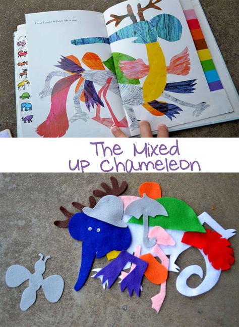 Mixed Up Chameleon - plus story stick idea and felt activity The Mixed Up Chameleon, Mixed Up Chameleon, Blue Chameleon, Eric Carle Activities, Flannel Board Stories, Color Day, Flannel Boards, Felt Board Stories, Chameleon Color