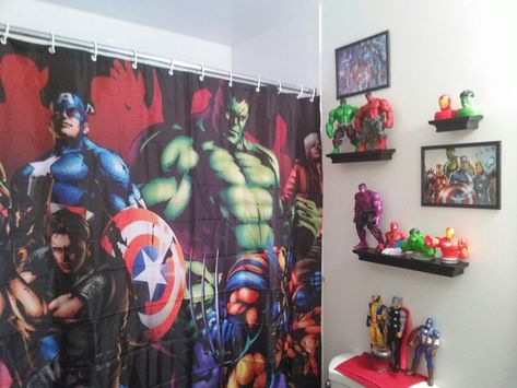 Avengers bathroom if this was in our bathroom my brother would never wanna leave the bathroom. Avengers Bathroom, Marvel Bathroom, Bathroom Decor Tiles, Kids Bathroom Themes, Kids Bathroom Girls, Boys Bathroom Ideas, Superhero Bathroom, Avengers Bedroom, Boys Bathroom Decor