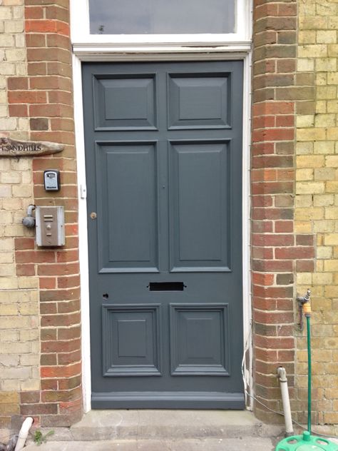 Elements of a home - front door with first coat of @Farrow and Ball Downpipe Front Door Farrow And Ball, Victorian Door, Farrow And Ball, House Front Door, House Design Photos, Front Doors, Exterior Doors, Exterior Colors, Tall Cabinet Storage