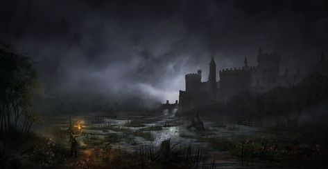 Swamp Environment, Tom Bruck on ArtStation at https://www.artstation.com/artwork/wnk6w Swamp Environment, Castle Crashers, Black Castle, Castle Art, Fantasy Places, Matte Painting, Memento Mori, World Art, Dark Fantasy