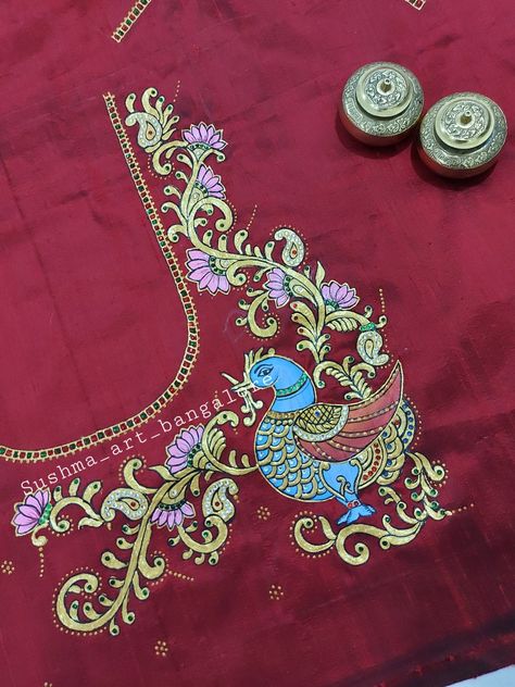 Tanjore Border Designs, Tanjore Fabric Painting, Thanjavur Painting On Blouse, Tanjavur Painting On Blouse, Tanjavore Paintings, Tanjore Painting On Blouses, Painting On Blouse, Dance Embroidery, Blouse Painting