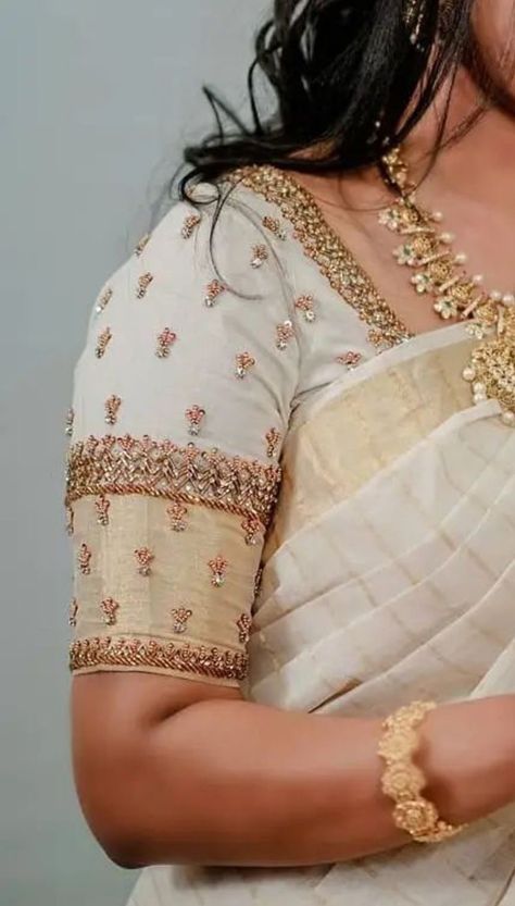 White Pattu Blouse Designs, Self Design Blouse Aari Work, Saree Blouse Sleeve Pattern, Magam Work Designs Latest Bridal, White Work Blouse Designs, Silk Saree Blouse Designs Work, Ariwork Blouse Design 2022, White Silk Blouse Designs, Silk Saree Blouse Designs Pattern Wedding