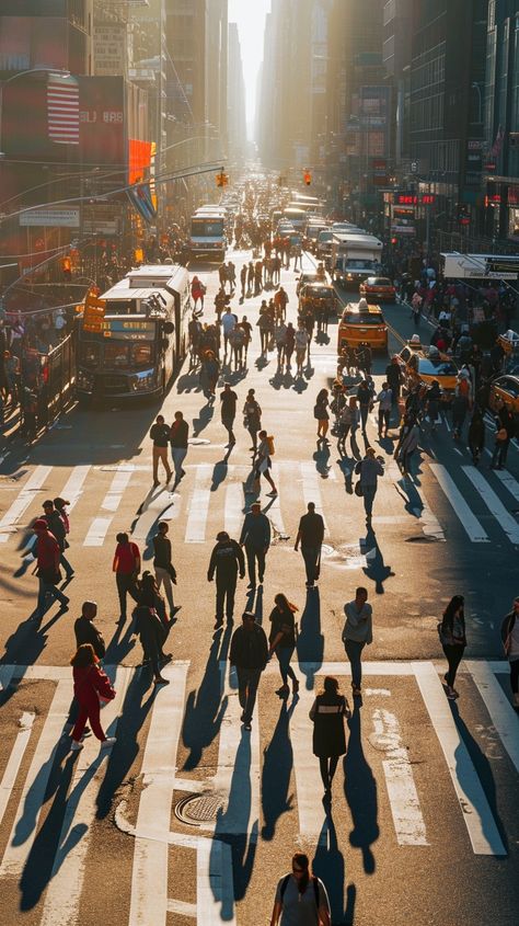 "City Life Hustle: An aerial view of bustling #urbanlife streets with #crosswalk and #traffic navigating at #goldenhour. #cityscape #cityview #digitalart #aicity ⬇️ Download and 📝 Prompt 👉 https://stockcake.com/i/city-life-hustle_123102_13205" City Walk Aesthetic, Crosswalk Aesthetic, People In City, Corner Street, Street Crossing, Invisible String, City Summer, Fun City, Golden City